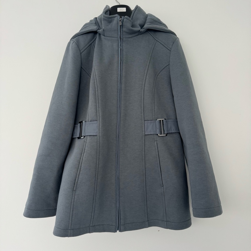 Liz Claiborne Jacket M Gray Blue Trench Hooded Full Zip Coat Adjustable Buckle
